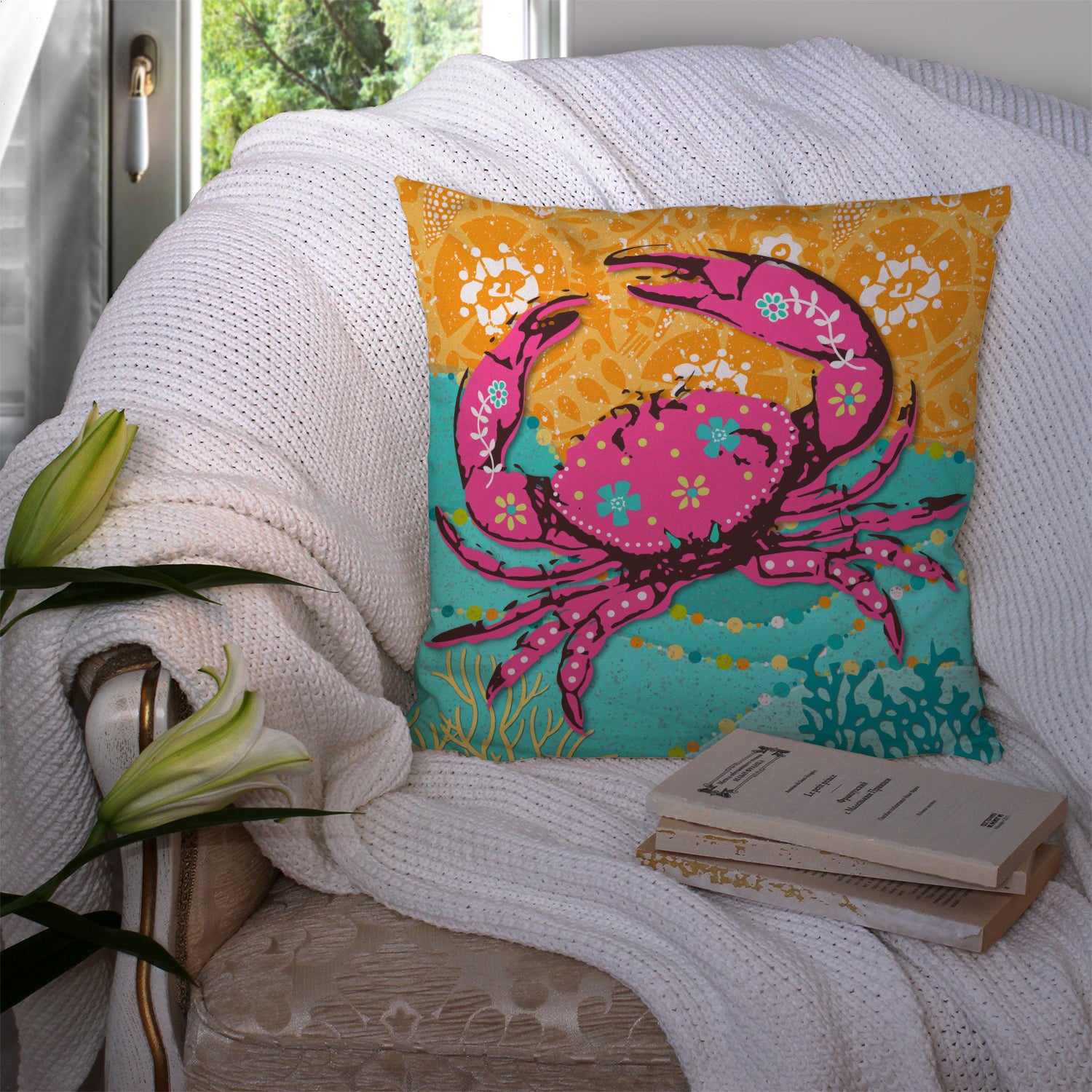 Coastal Pink Crab Fabric Decorative Pillow VHA3028PW1414 - the-store.com