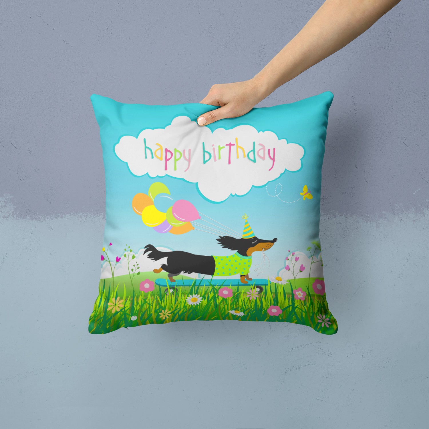 Happy Birthday Dachshund Fabric Decorative Pillow VHA3029PW1414 - the-store.com