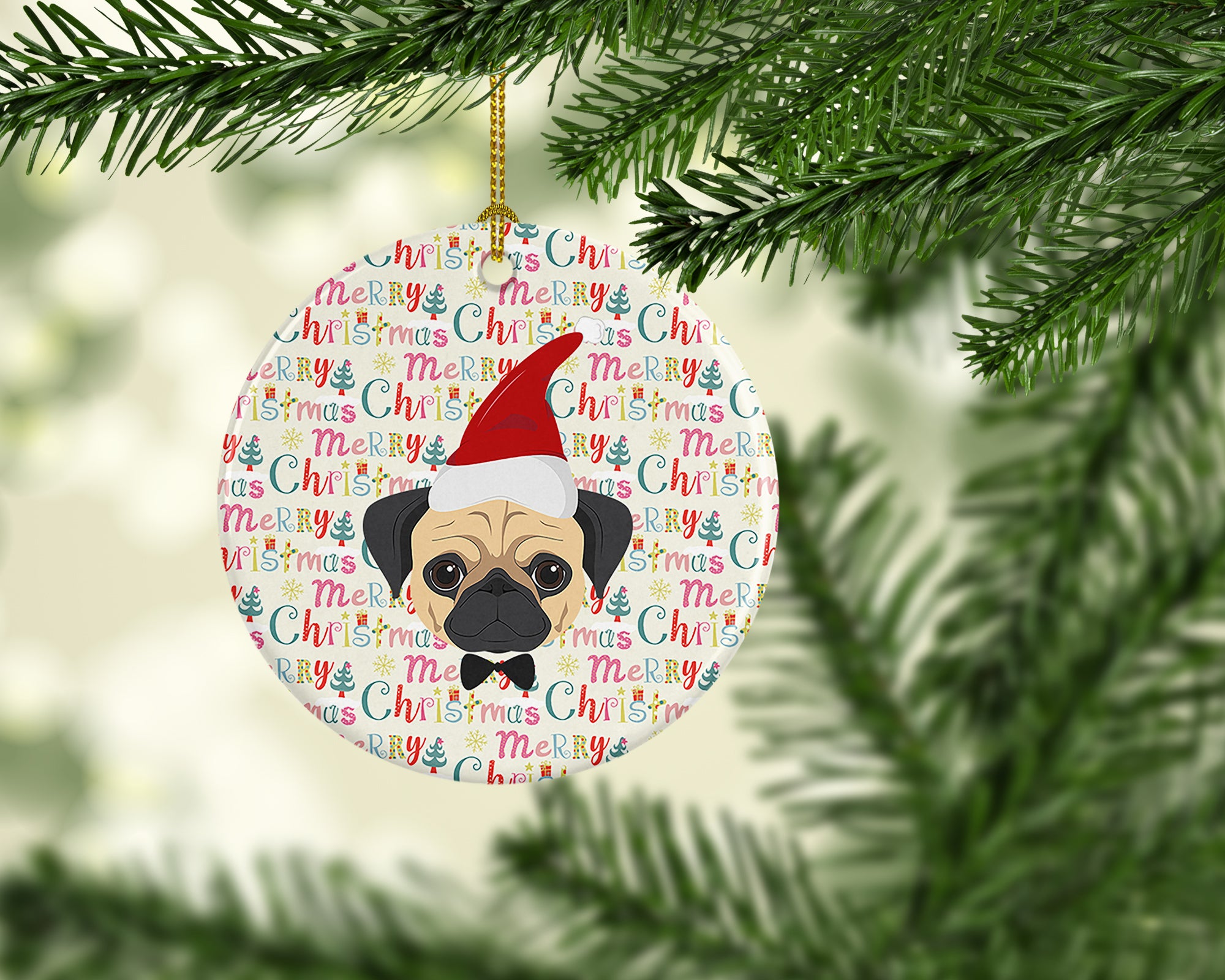 Pug Merry Christmas Ceramic Ornament - the-store.com