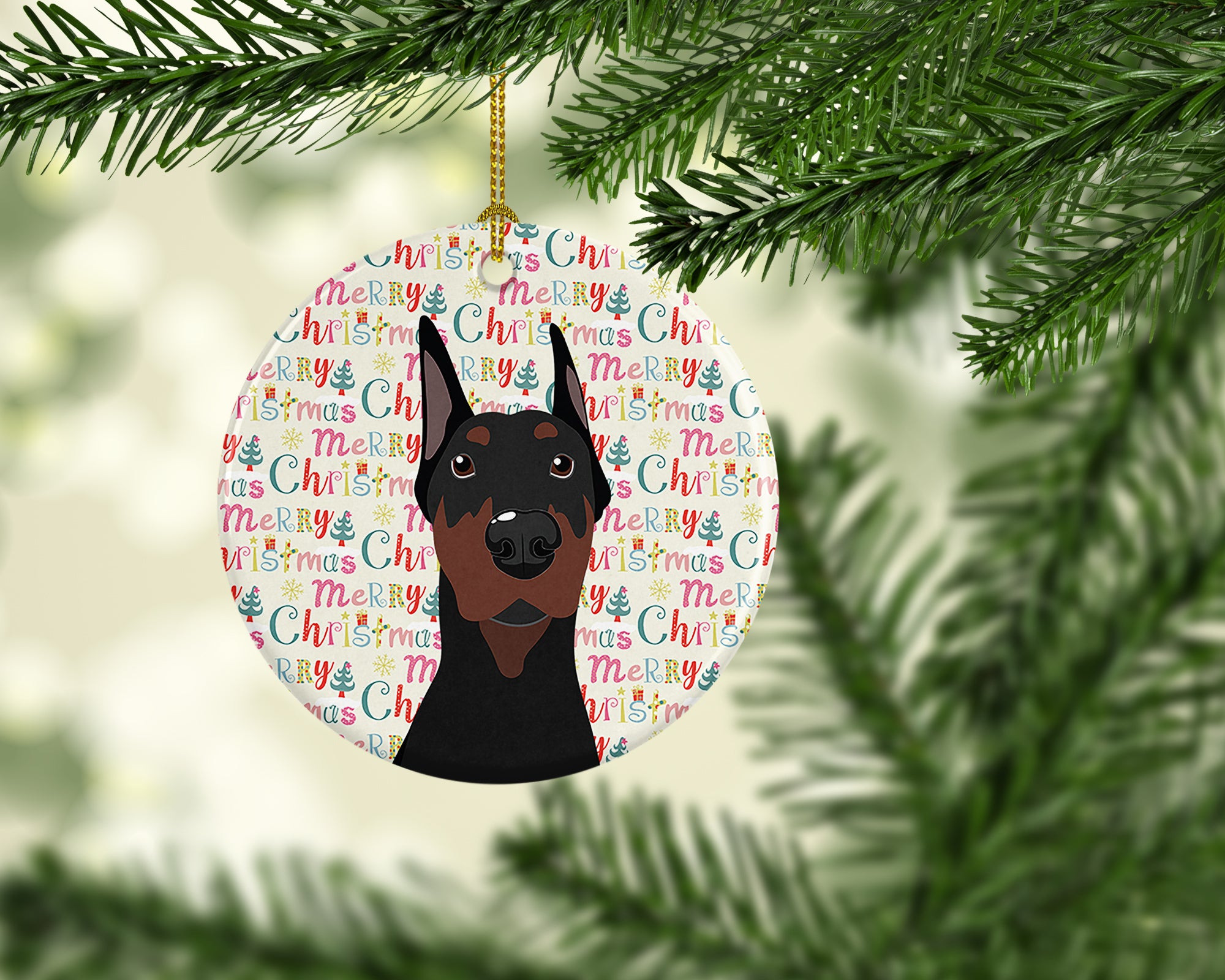 Buy this Doberman Pinscher Black Cropped Ears Christmas Ceramic Ornament