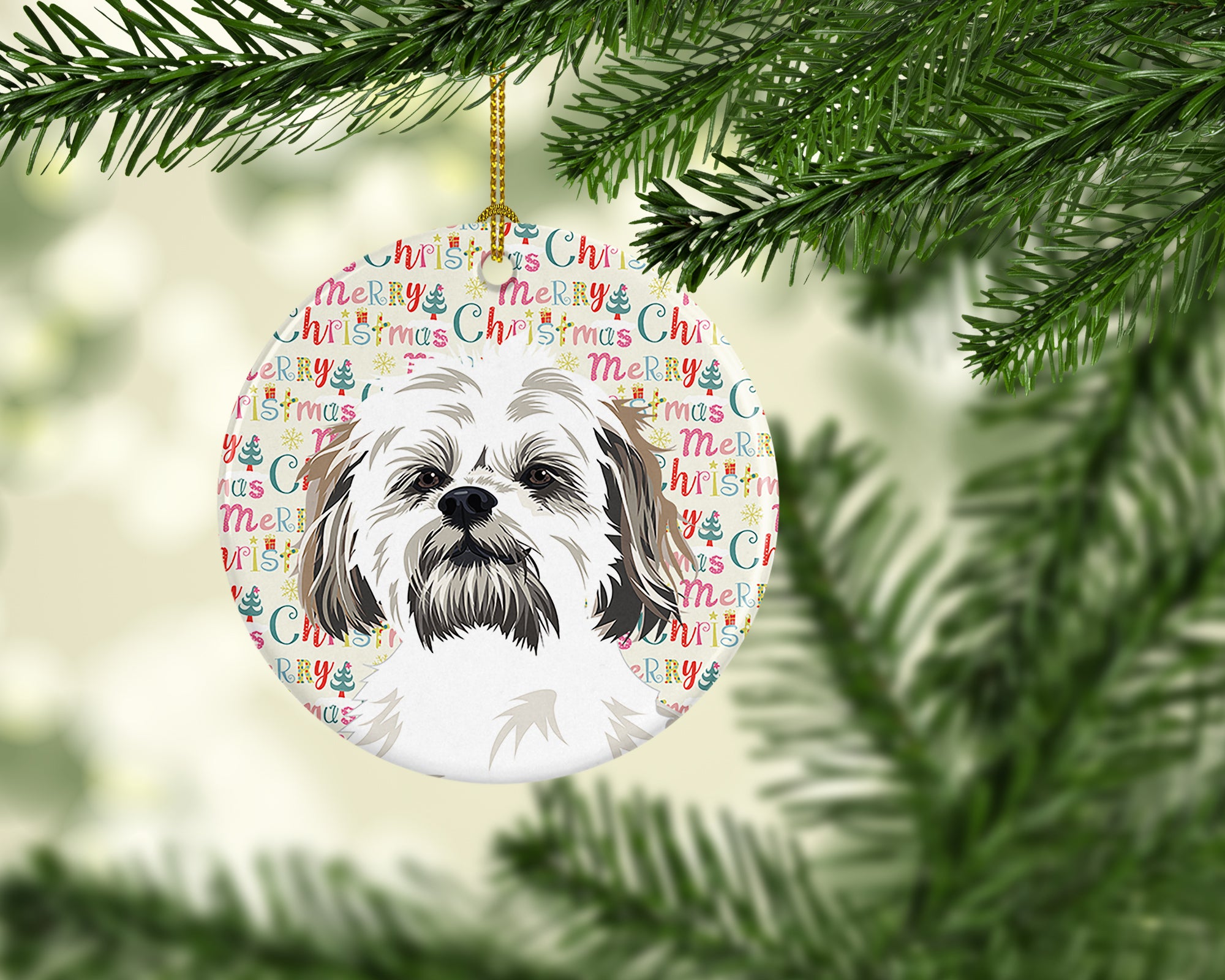 Buy this Shih-Tzu Silver Gold and White #1 Christmas Ceramic Ornament