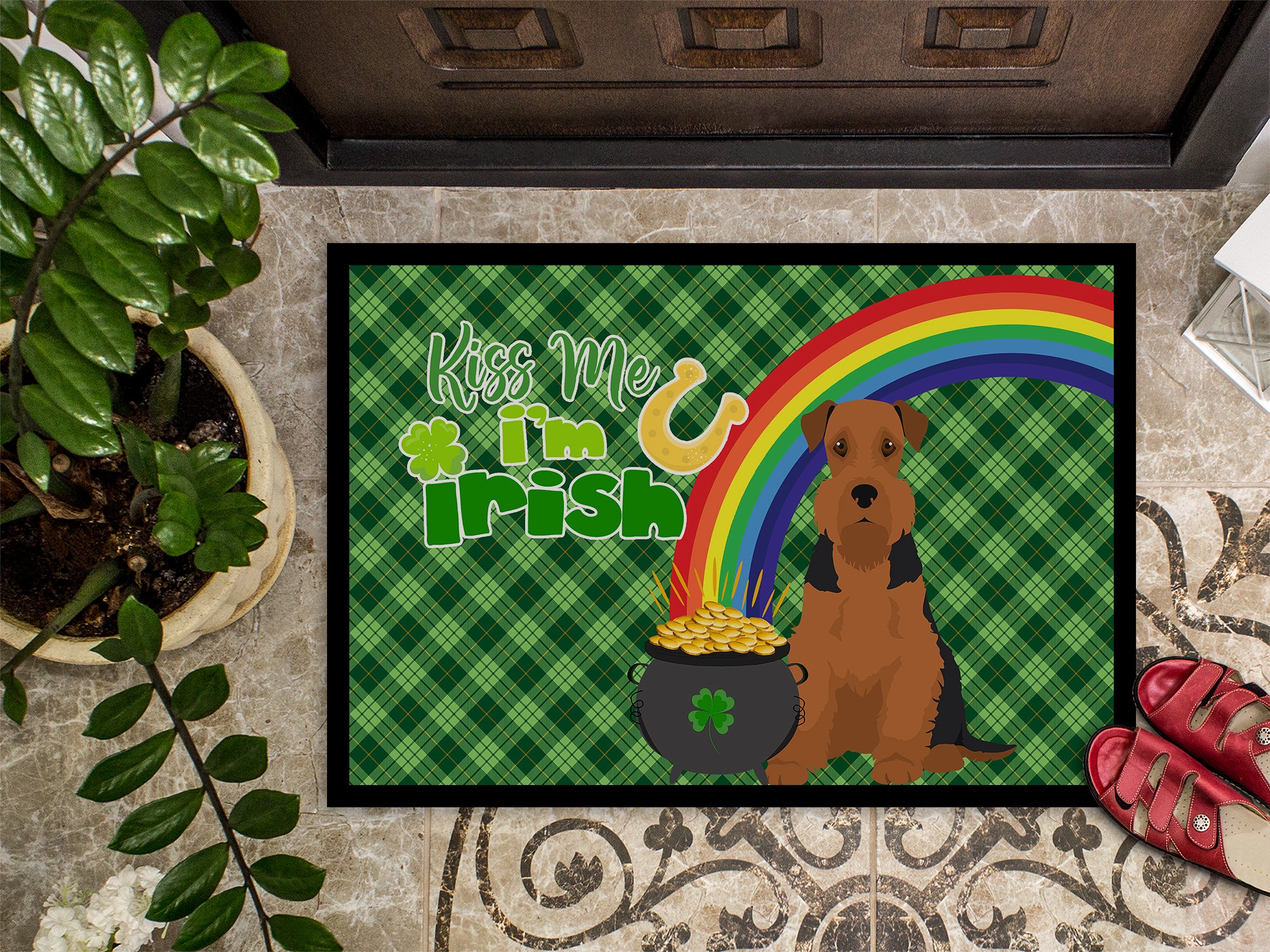 Black and Tan Airedale Terrier St. Patrick's Day Indoor or Outdoor Mat 24x36 - the-store.com