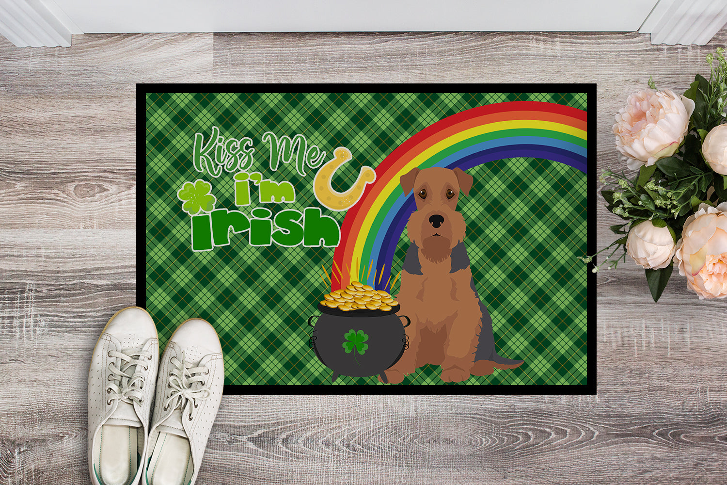 Grizzle and Tan Airedale Terrier St. Patrick's Day Indoor or Outdoor Mat 24x36 - the-store.com