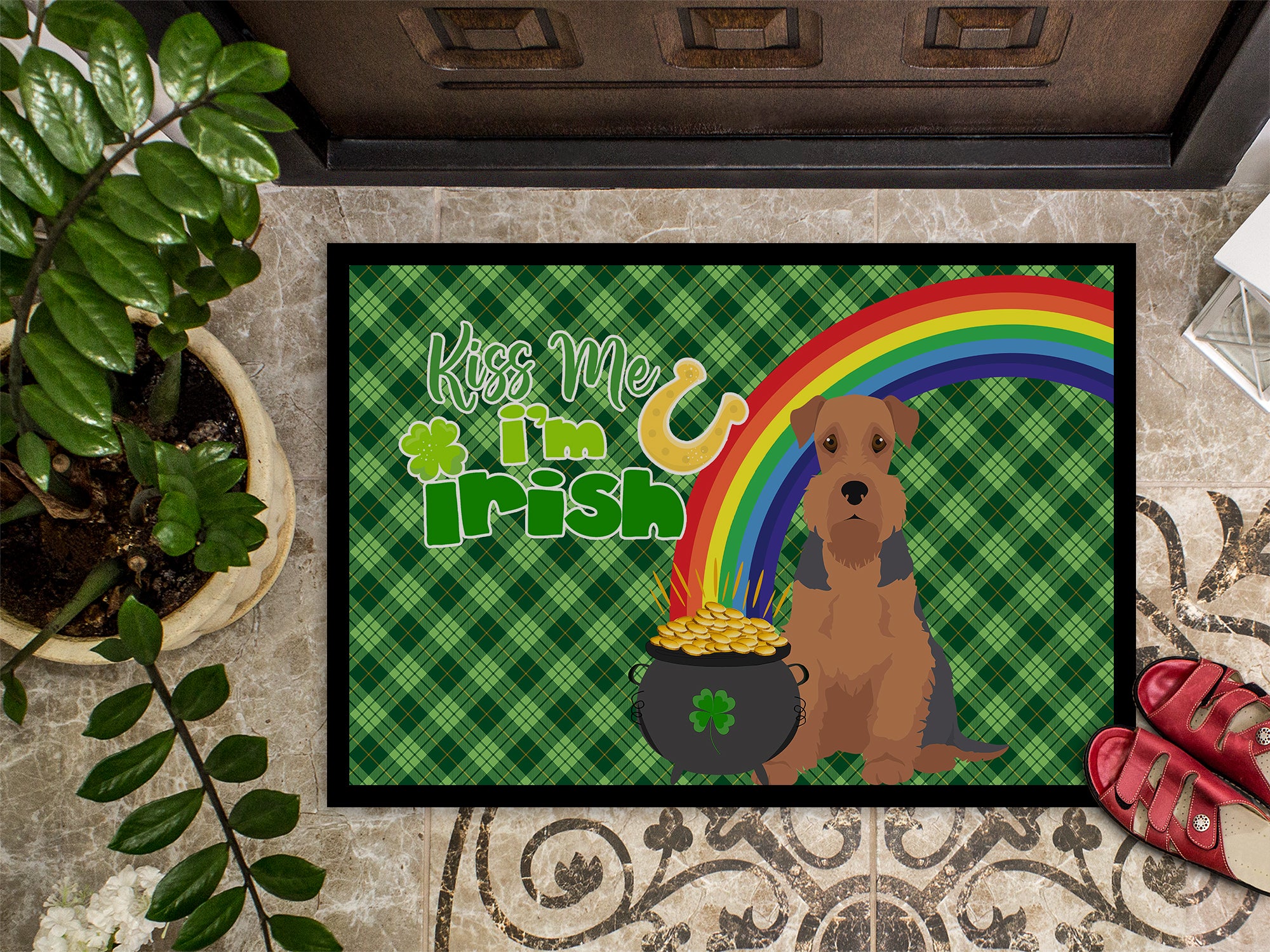 Grizzle and Tan Airedale Terrier St. Patrick's Day Indoor or Outdoor Mat 24x36 - the-store.com