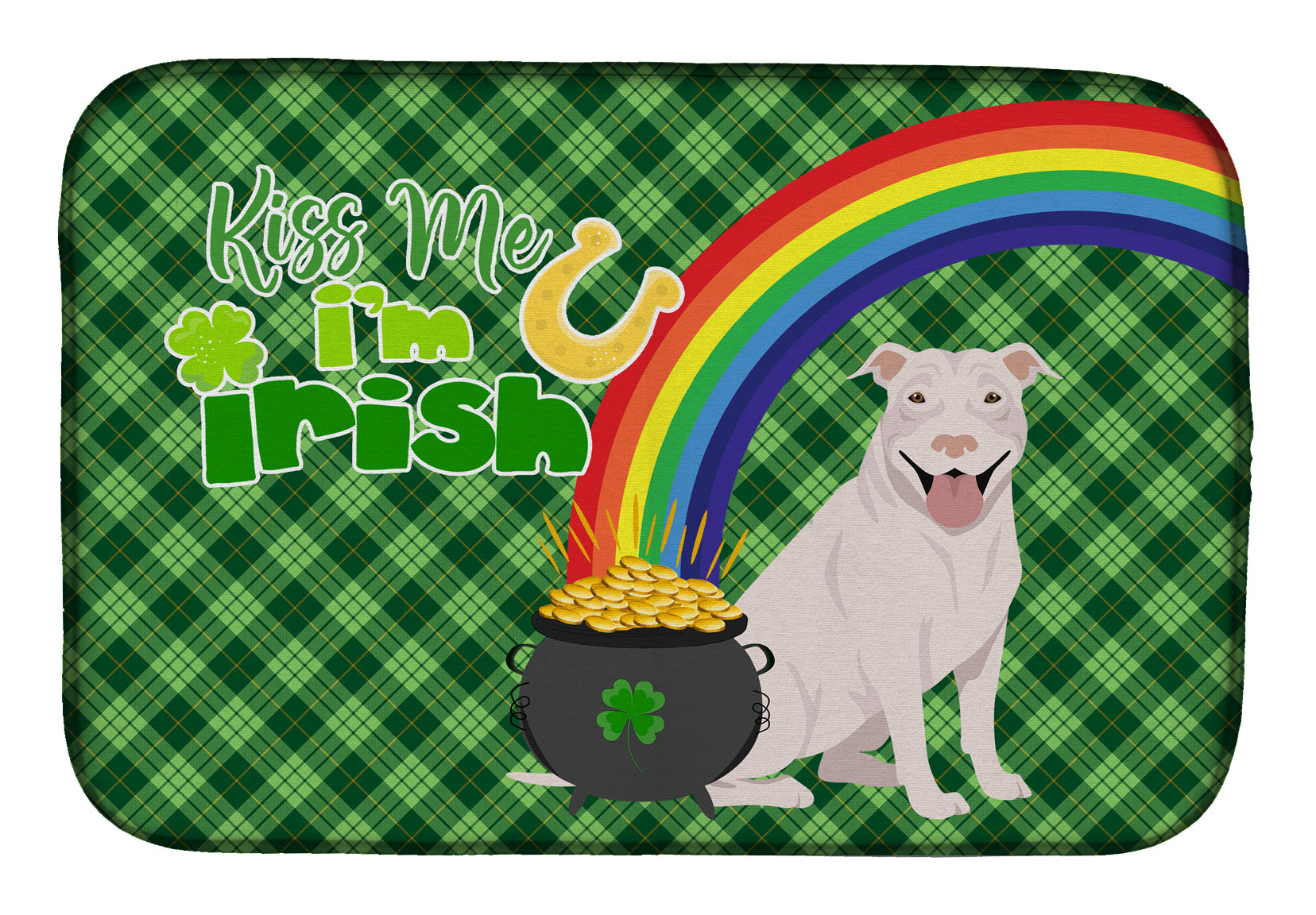 White Pit Bull Terrier St. Patrick's Day Dish Drying Mat  the-store.com.