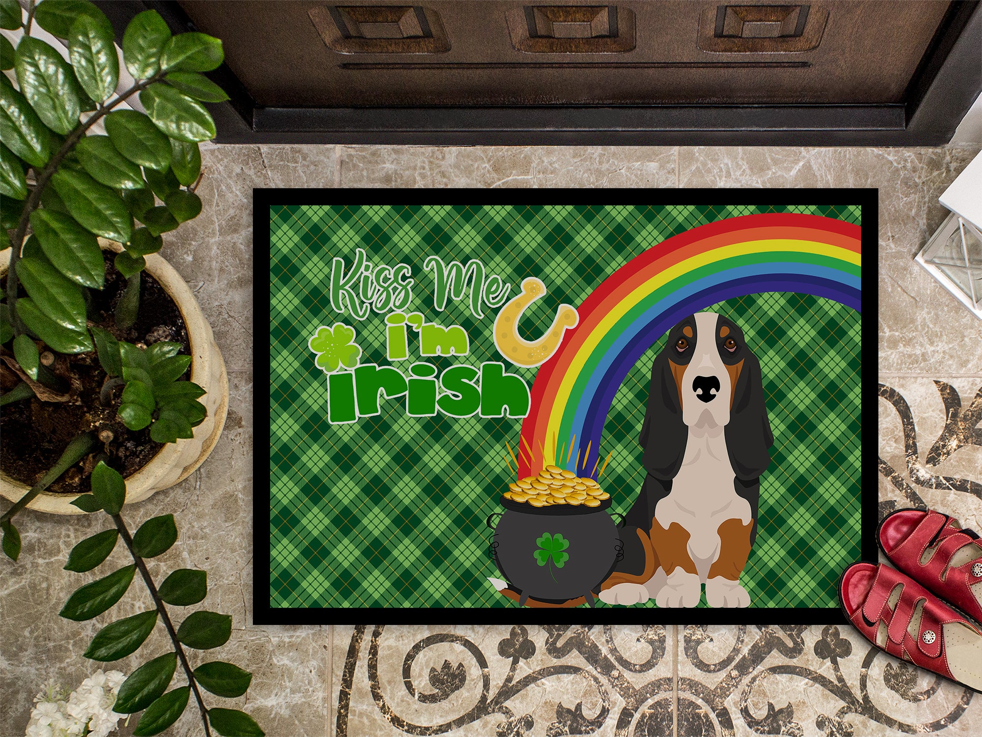 Black Tricolor Basset Hound St. Patrick's Day Indoor or Outdoor Mat 24x36 - the-store.com