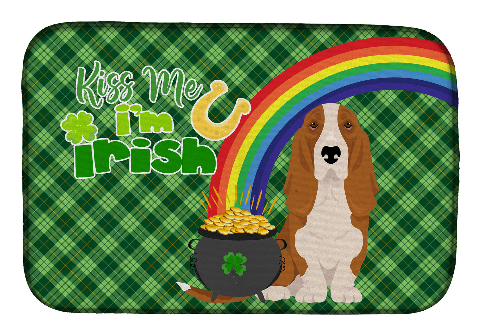 Red and White Tricolor Basset Hound St. Patrick's Day Dish Drying Mat  the-store.com.