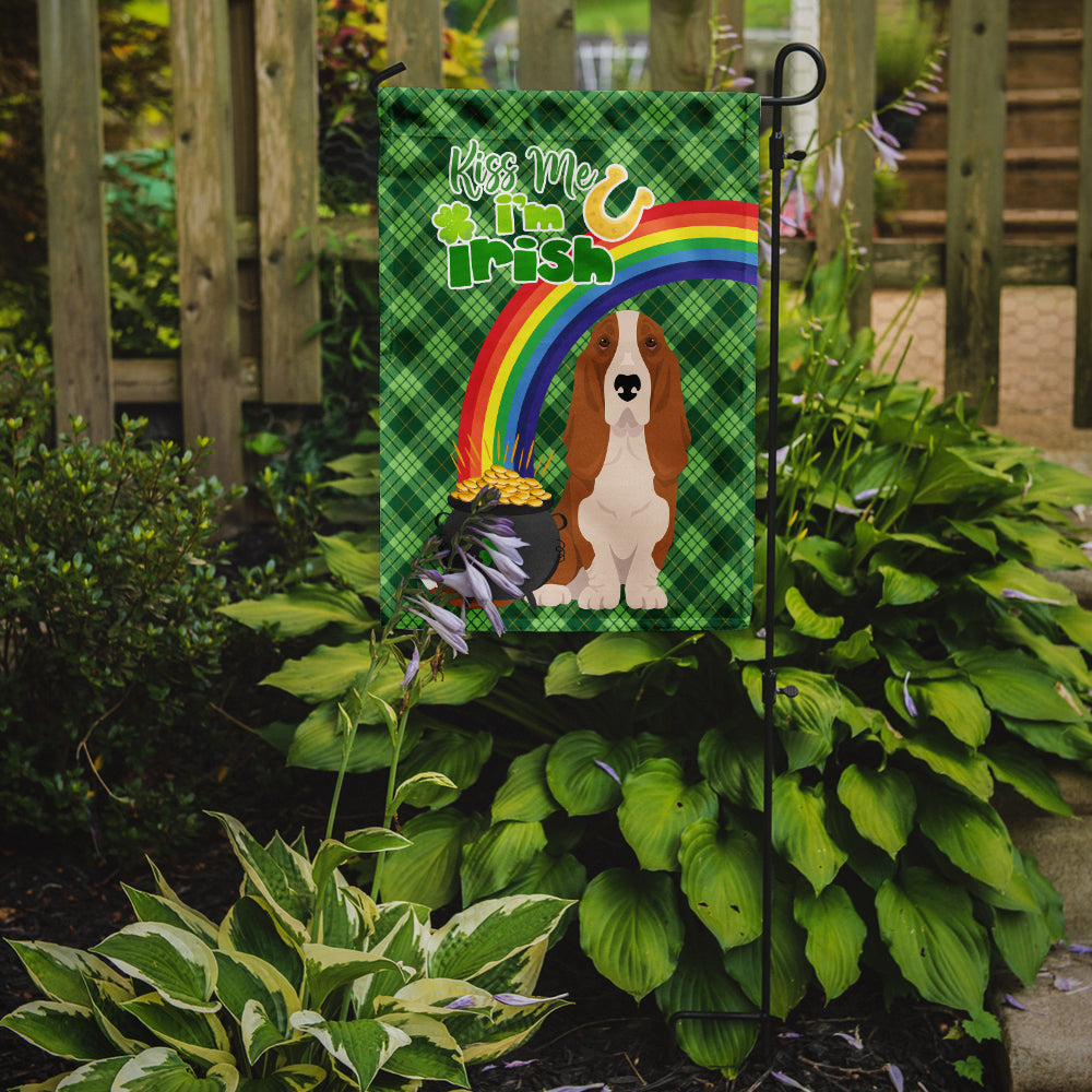 Red and White Tricolor Basset Hound St. Patrick's Day Flag Garden Size  the-store.com.