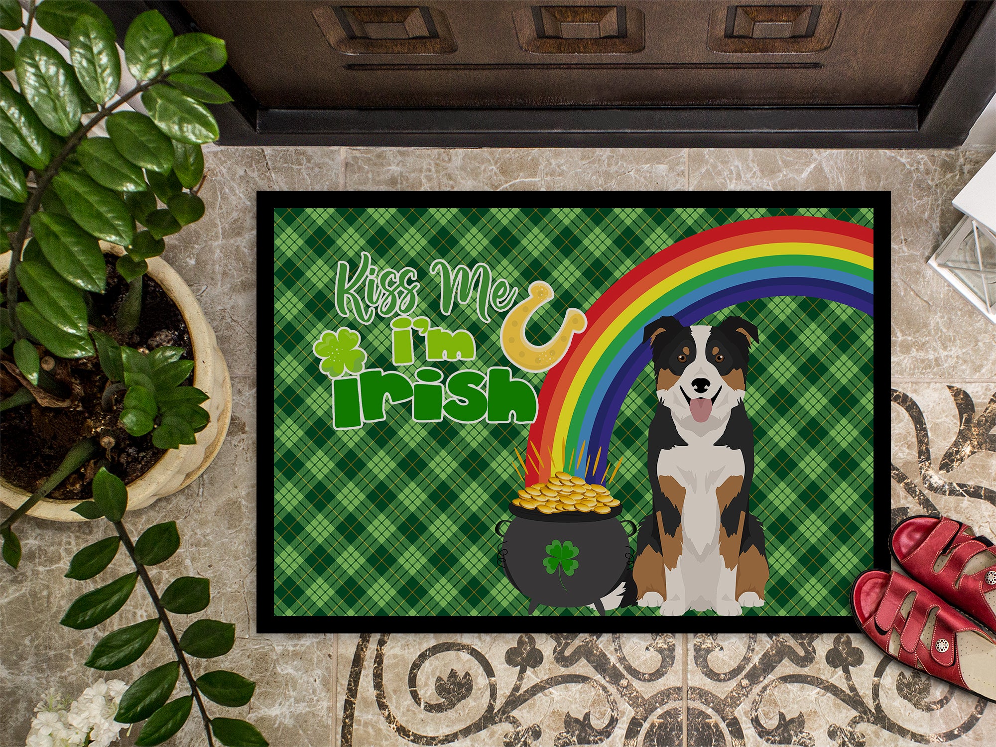 Tricolor Border Collie St. Patrick's Day Indoor or Outdoor Mat 24x36 - the-store.com