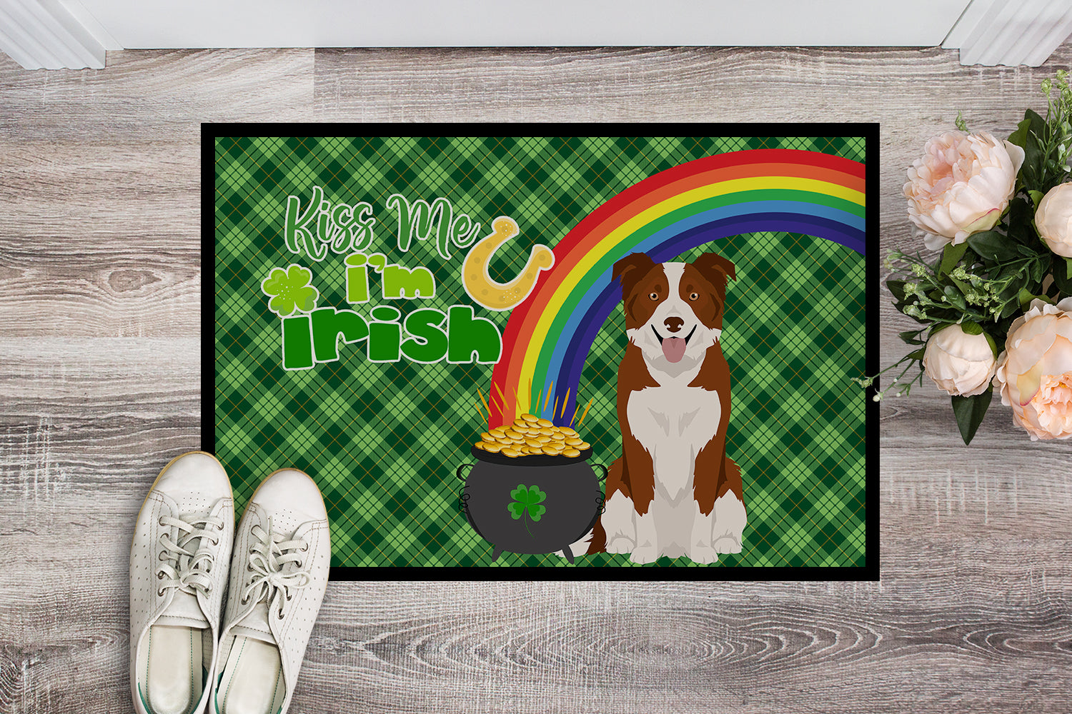 Red and White Border Collie St. Patrick's Day Indoor or Outdoor Mat 24x36 - the-store.com