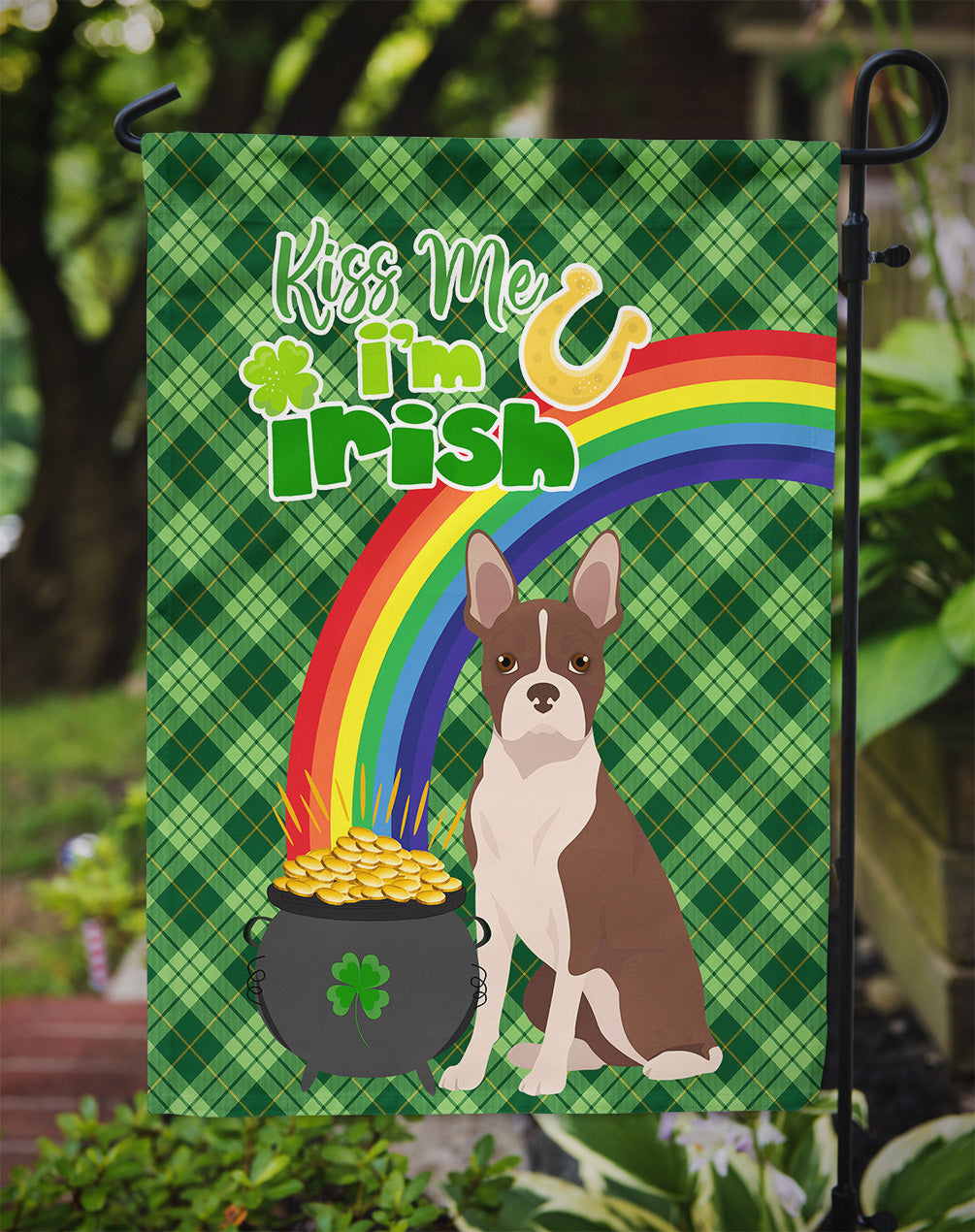 Red Boston Terrier St. Patrick's Day Flag Garden Size  the-store.com.
