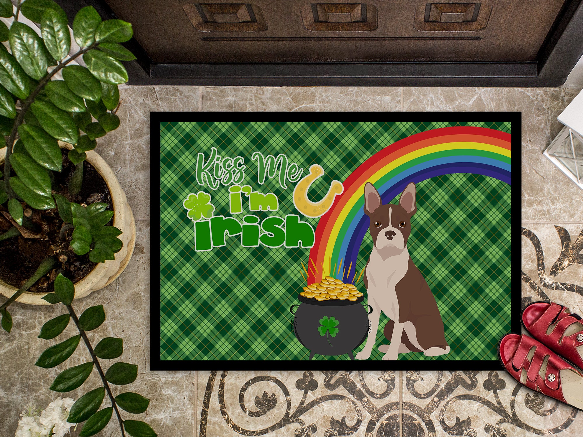 Red Boston Terrier St. Patrick's Day Indoor or Outdoor Mat 24x36 - the-store.com