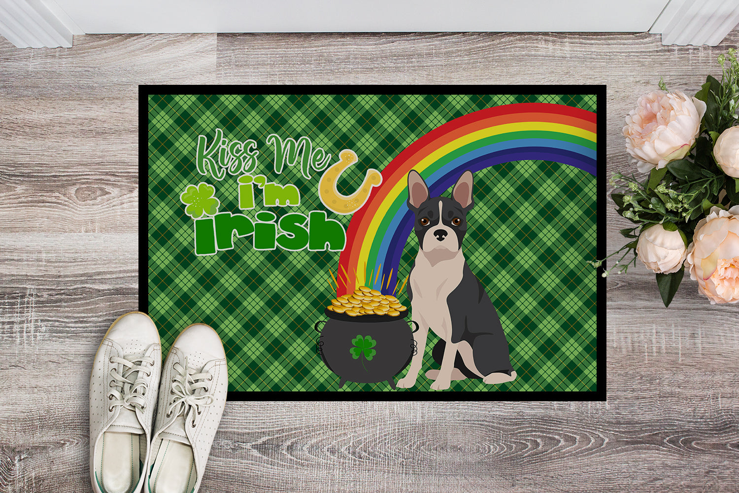 Black Boston Terrier St. Patrick's Day Indoor or Outdoor Mat 24x36 - the-store.com