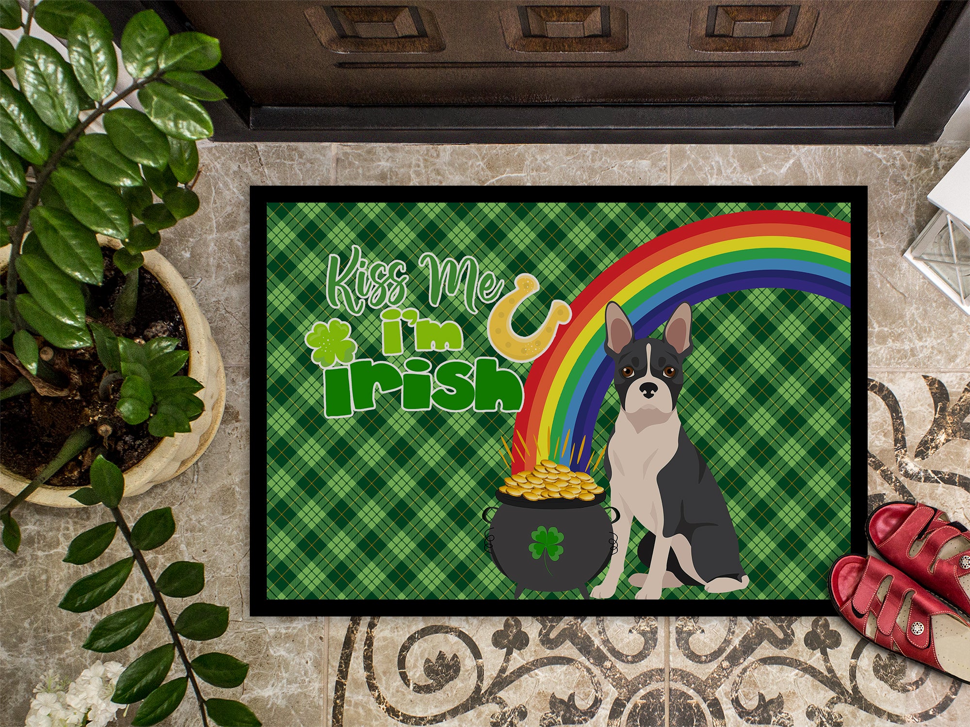 Black Boston Terrier St. Patrick's Day Indoor or Outdoor Mat 24x36 - the-store.com