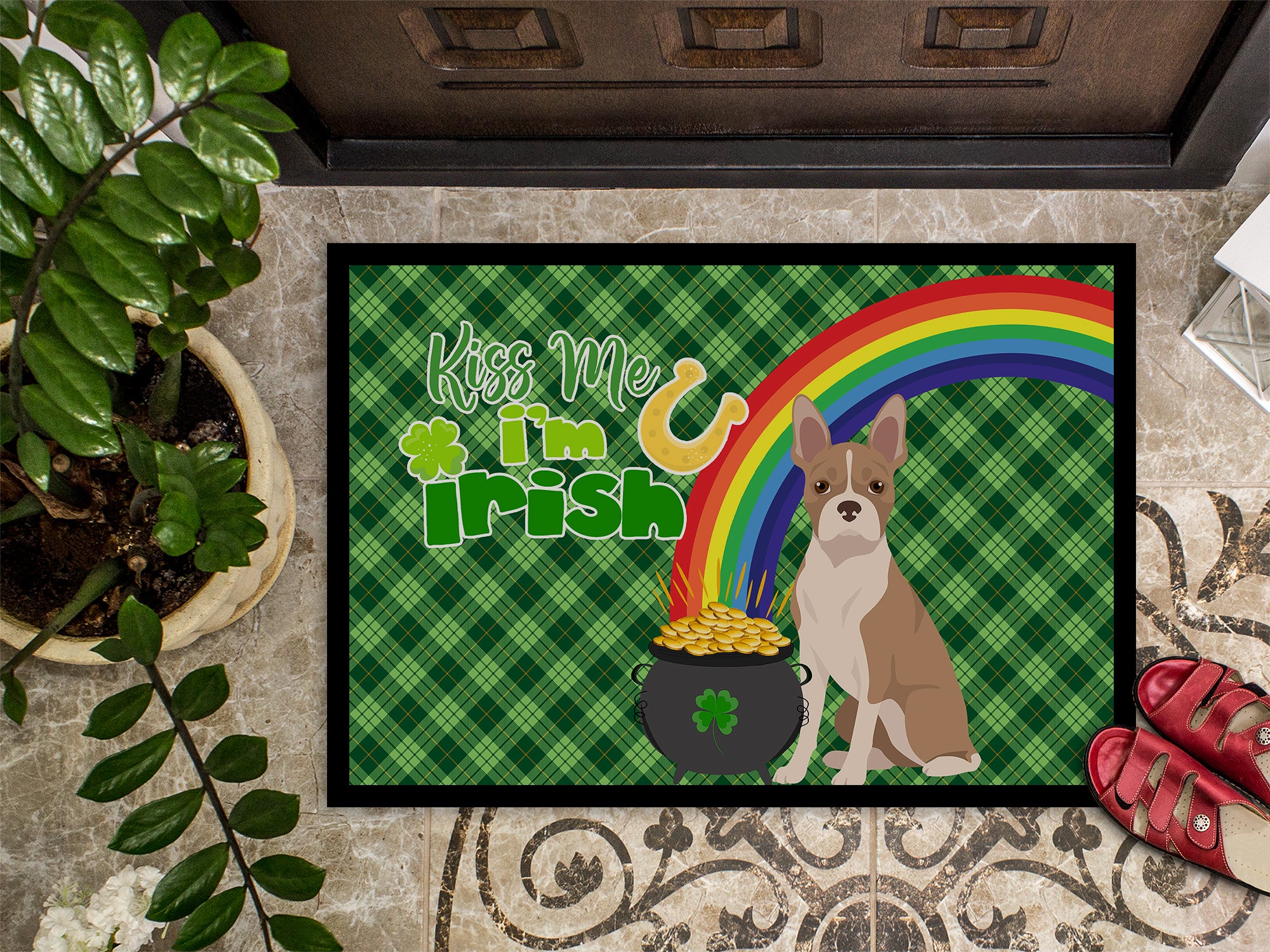 Fawn Boston Terrier St. Patrick's Day Indoor or Outdoor Mat 24x36 - the-store.com