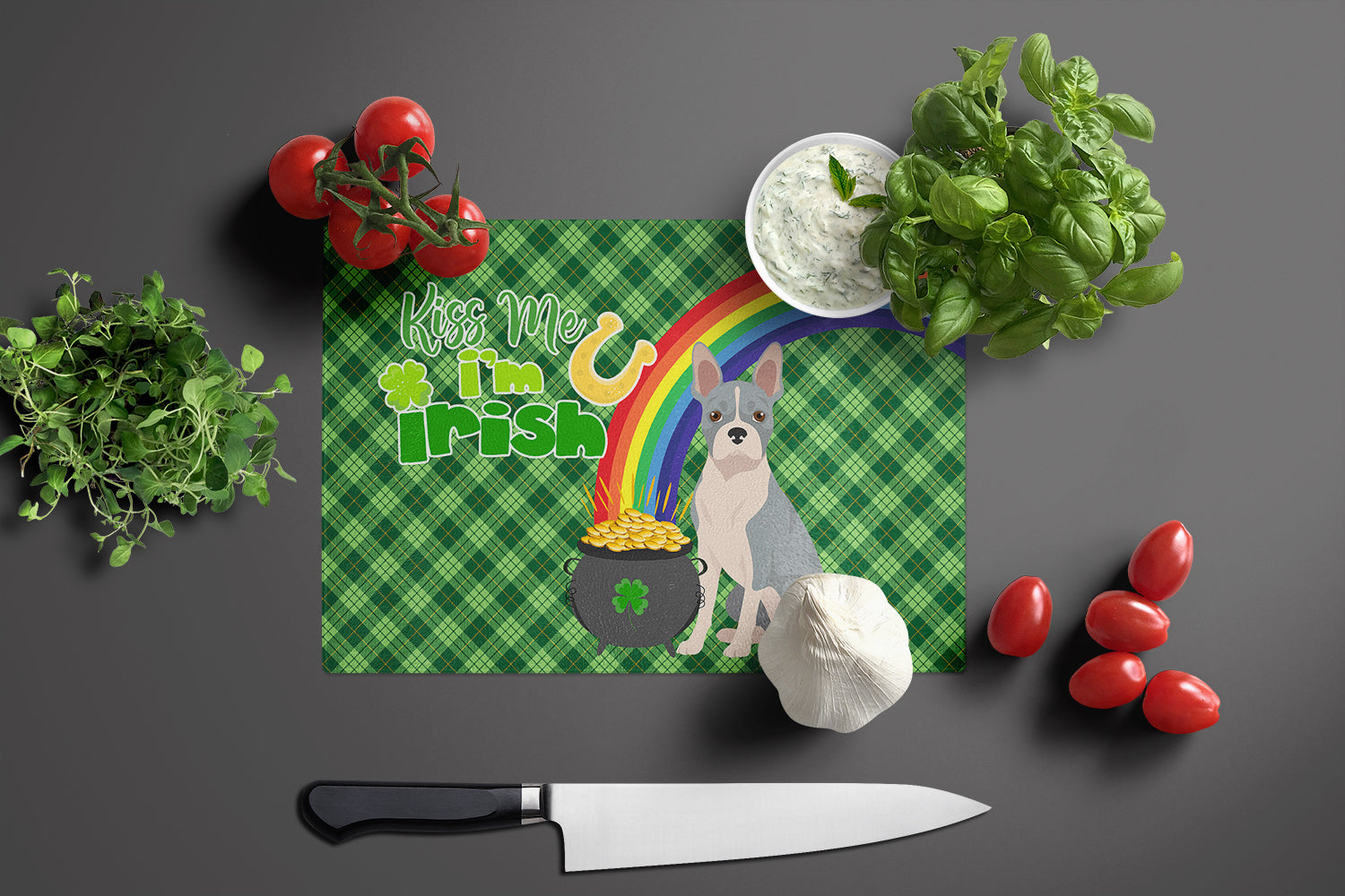 Blue Boston Terrier St. Patrick's Day Glass Cutting Board Large - the-store.com