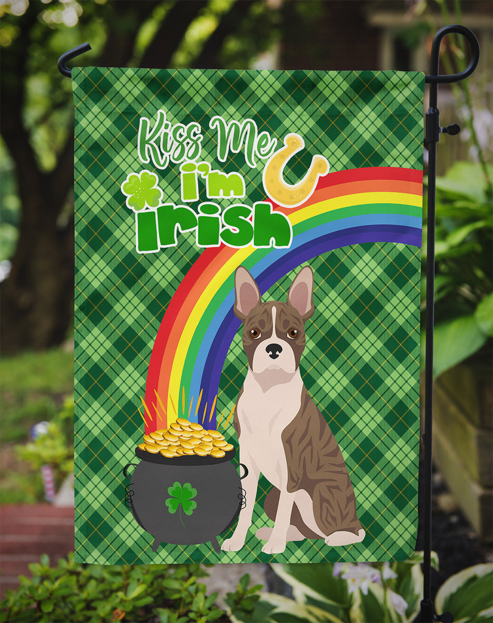 Brindle Boston Terrier St. Patrick's Day Flag Garden Size  the-store.com.