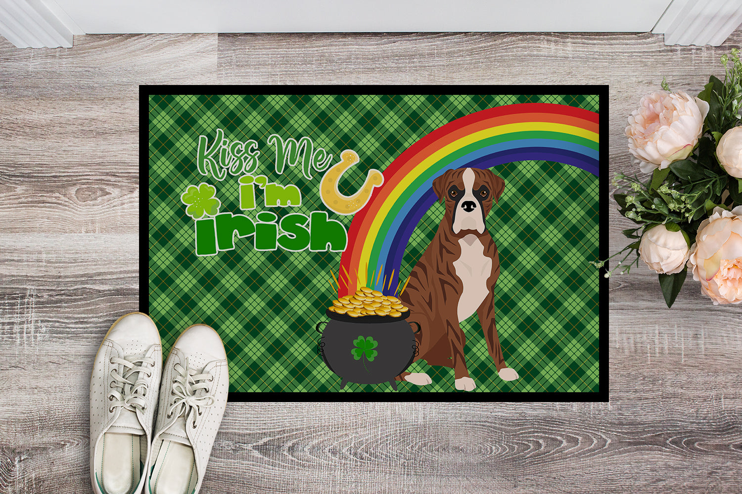 Natural Eared Red Brindle Boxer St. Patrick's Day Indoor or Outdoor Mat 24x36 - the-store.com