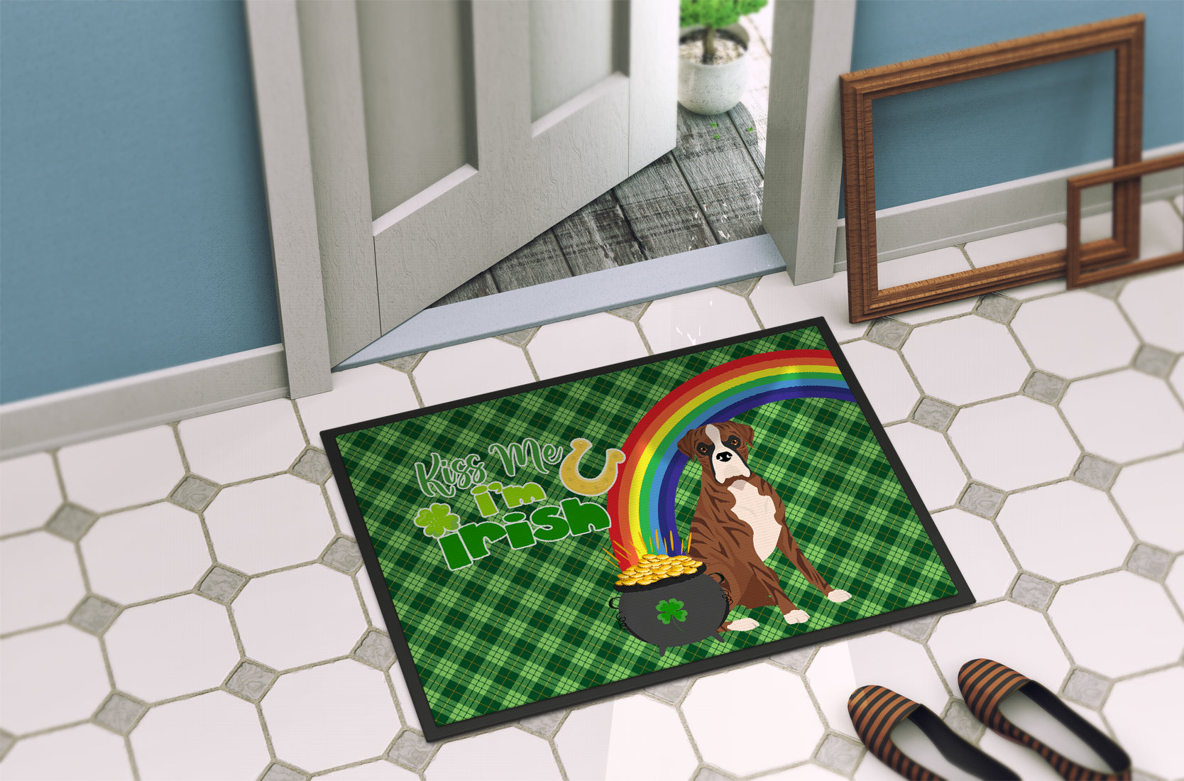 Natural Eared Red Brindle Boxer St. Patrick's Day Indoor or Outdoor Mat 24x36 - the-store.com