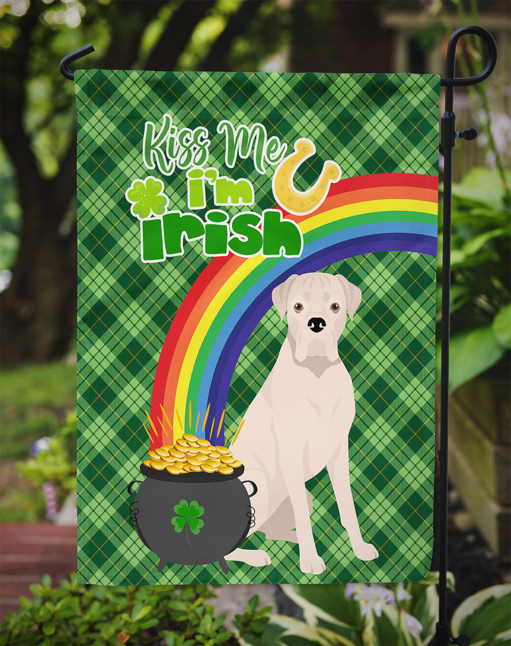 Natural Eared White Boxer St. Patrick's Day Flag Garden Size  the-store.com.