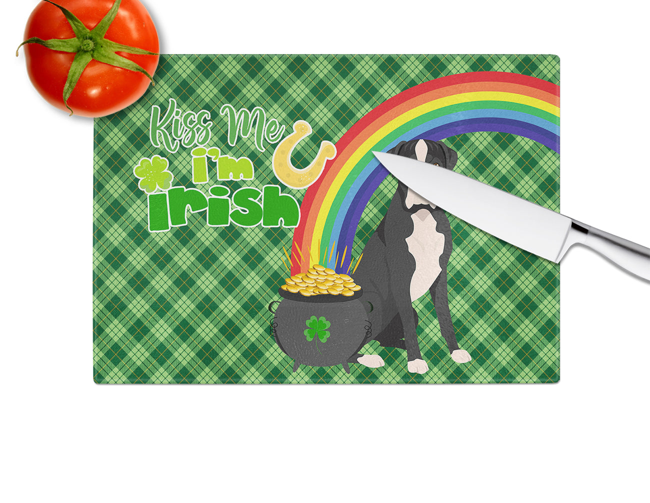 Natural Eared Black Boxer St. Patrick's Day Glass Cutting Board Large - the-store.com