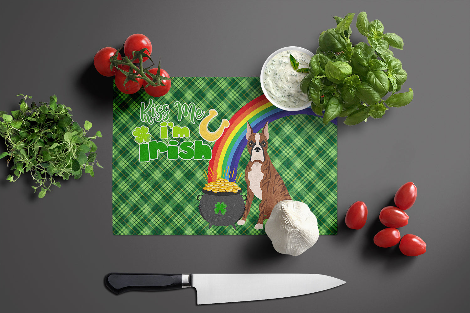 Red Brindle Boxer St. Patrick's Day Glass Cutting Board Large - the-store.com