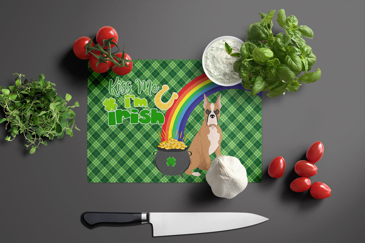 Fawn Boxer St. Patrick's Day Glass Cutting Board Large - the-store.com