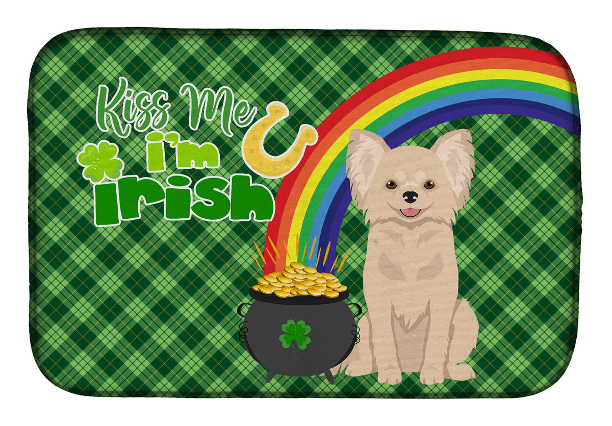 Longhaired Cream Chihuahua St. Patrick&#39;s Day Dish Drying Mat  the-store.com.