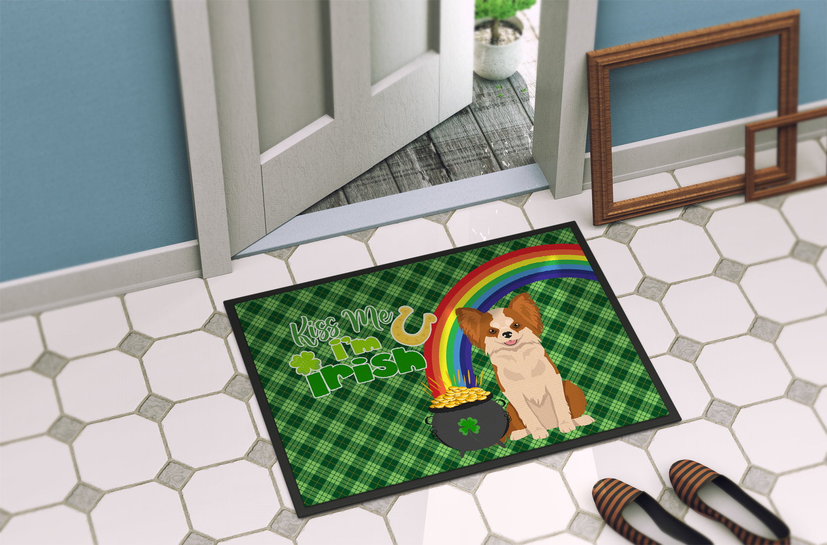 Longhaired Red and White Chihuahua St. Patrick's Day Indoor or Outdoor Mat 24x36 - the-store.com