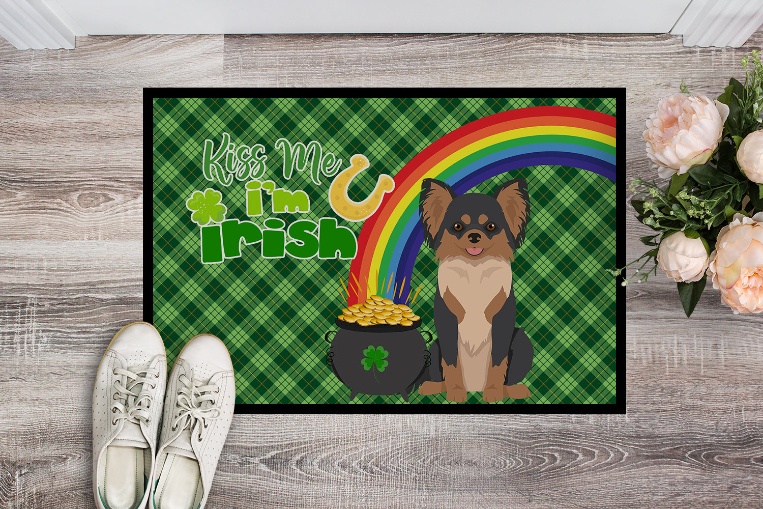 Longhaired Black and Tan Chihuahua St. Patrick's Day Indoor or Outdoor Mat 24x36 - the-store.com