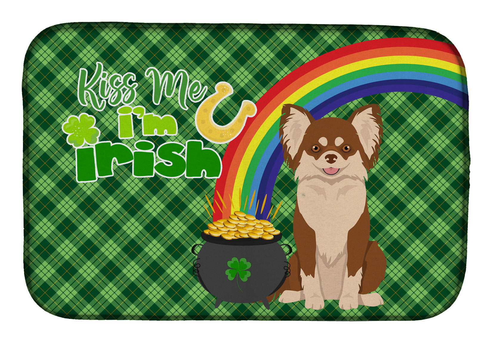 Longhaired Chocolate and White Chihuahua St. Patrick's Day Dish Drying Mat  the-store.com.