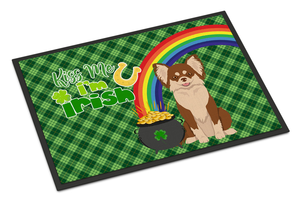 Buy this Longhaired Chocolate and White Chihuahua St. Patrick&#39;s Day Indoor or Outdoor Mat 24x36