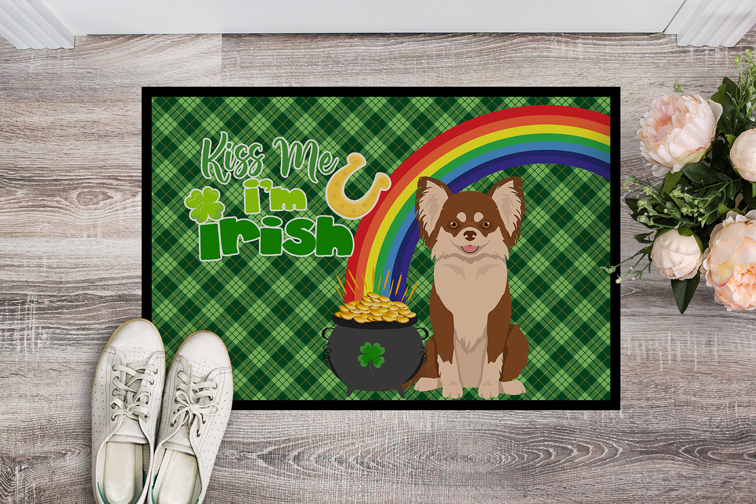 Longhaired Chocolate and White Chihuahua St. Patrick's Day Indoor or Outdoor Mat 24x36 - the-store.com