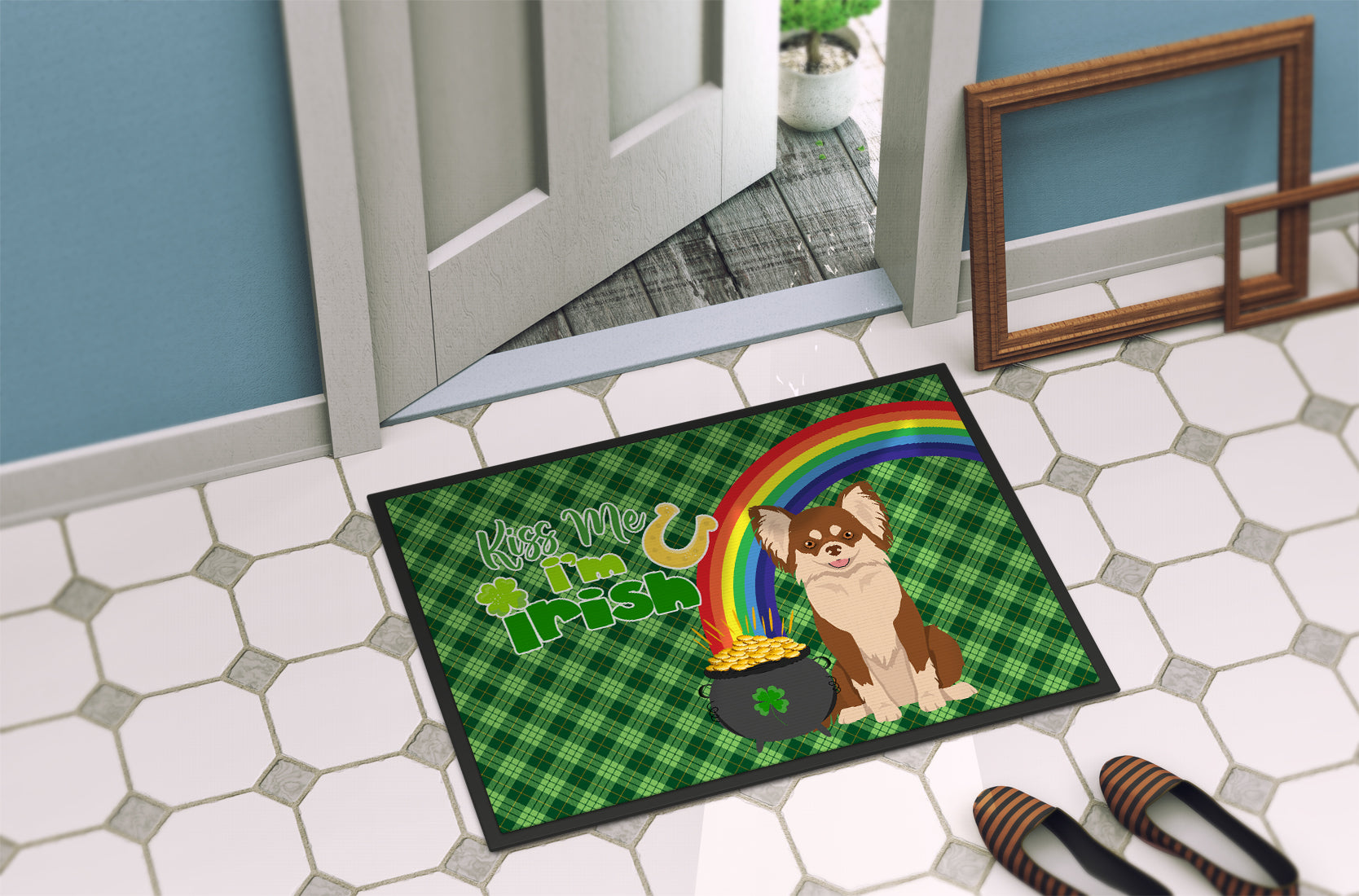 Longhaired Chocolate and White Chihuahua St. Patrick's Day Indoor or Outdoor Mat 24x36 - the-store.com