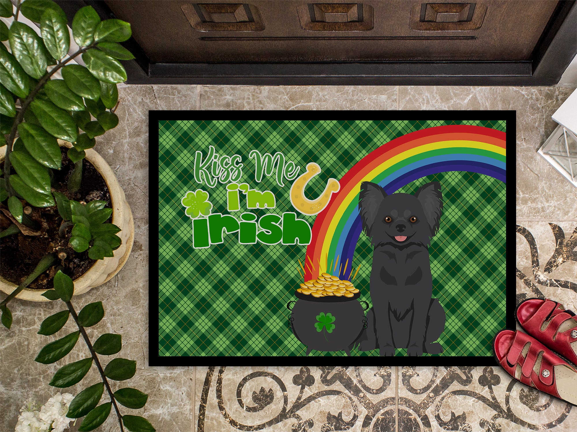 Longhaired Black Chihuahua St. Patrick's Day Indoor or Outdoor Mat 24x36 - the-store.com