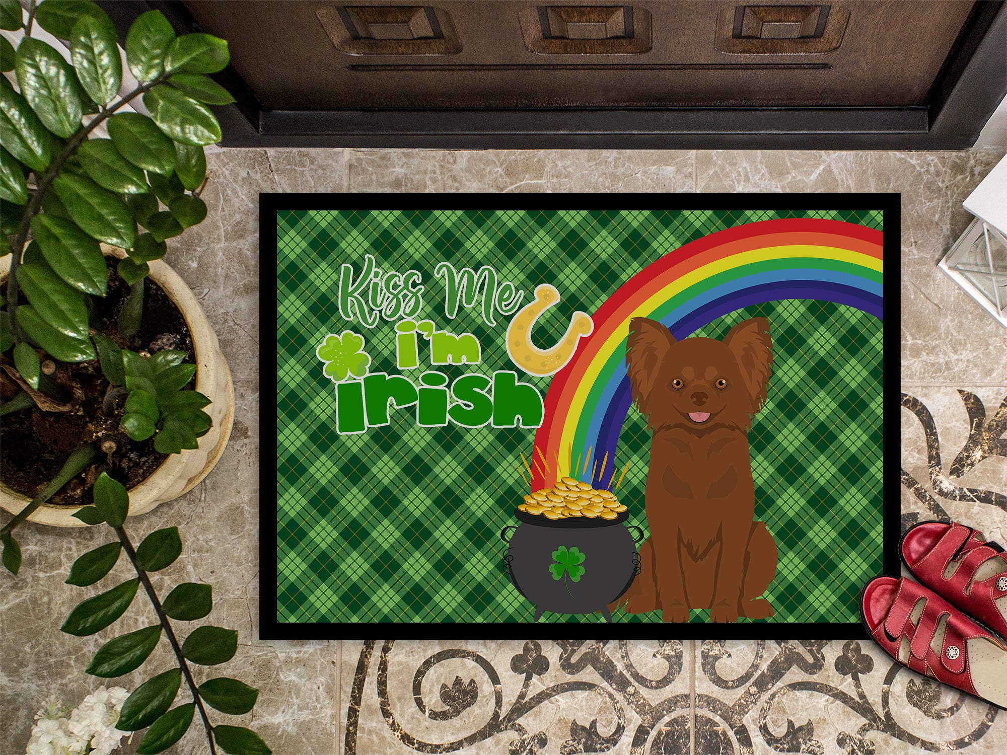 Longhaired Chocolate Chihuahua St. Patrick's Day Indoor or Outdoor Mat 24x36 - the-store.com