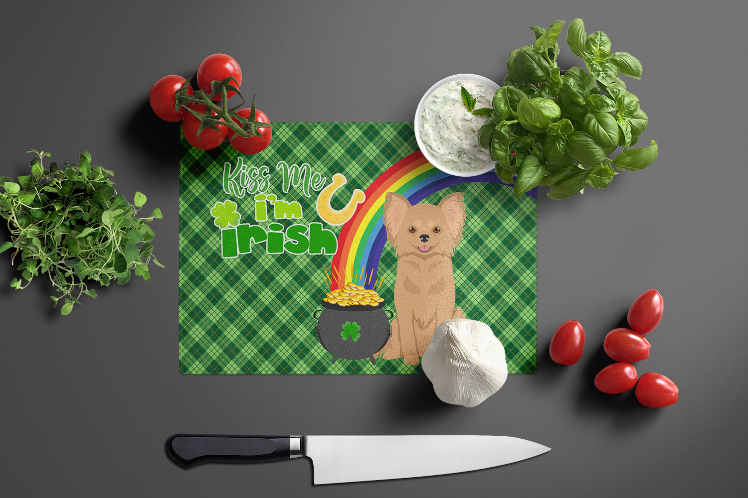 Longhaired Gold Chihuahua St. Patrick's Day Glass Cutting Board Large - the-store.com