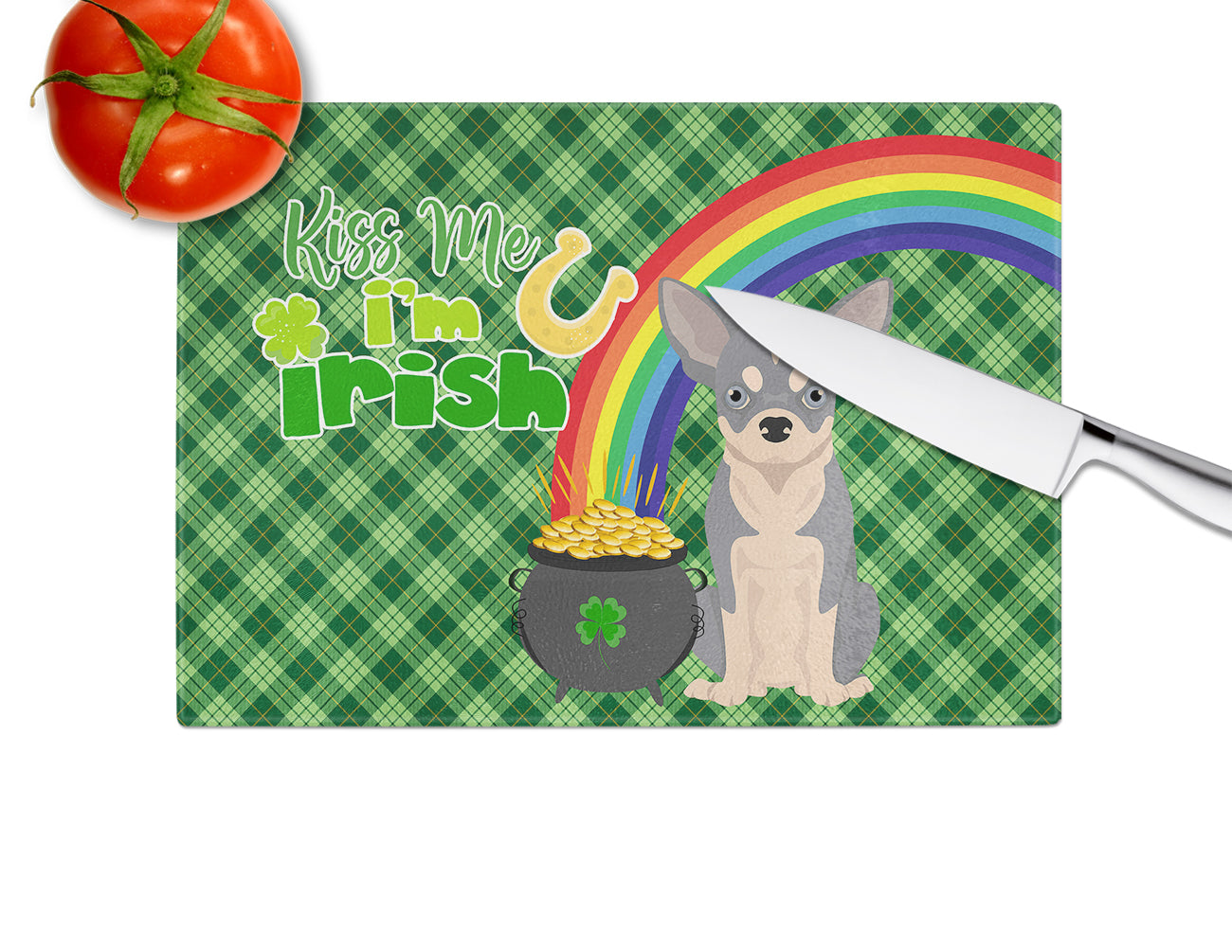 Blue and White Chihuahua St. Patrick's Day Glass Cutting Board Large - the-store.com