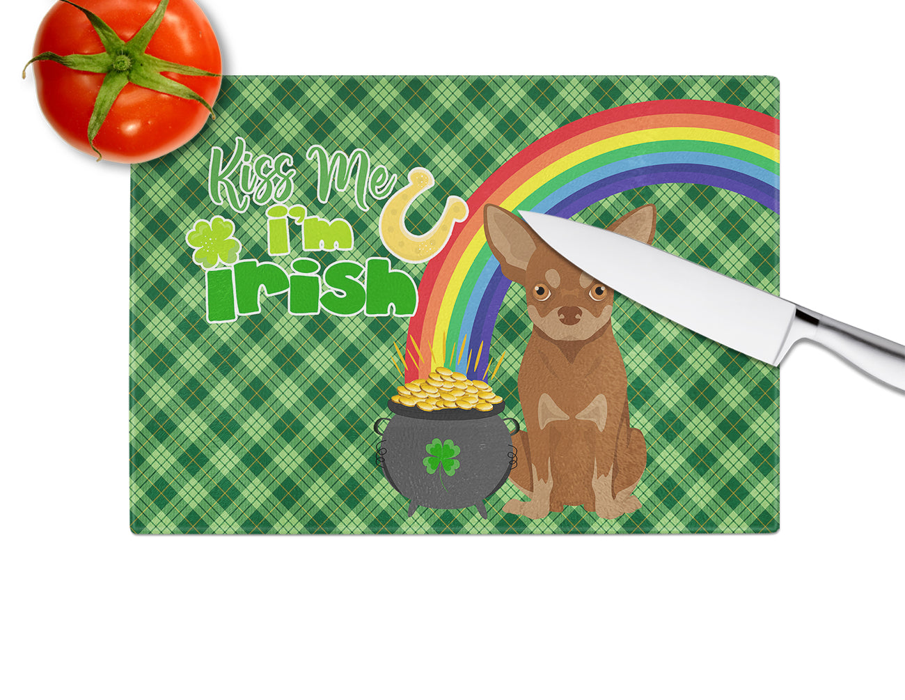 Chocolate and Tan Chihuahua St. Patrick's Day Glass Cutting Board Large - the-store.com