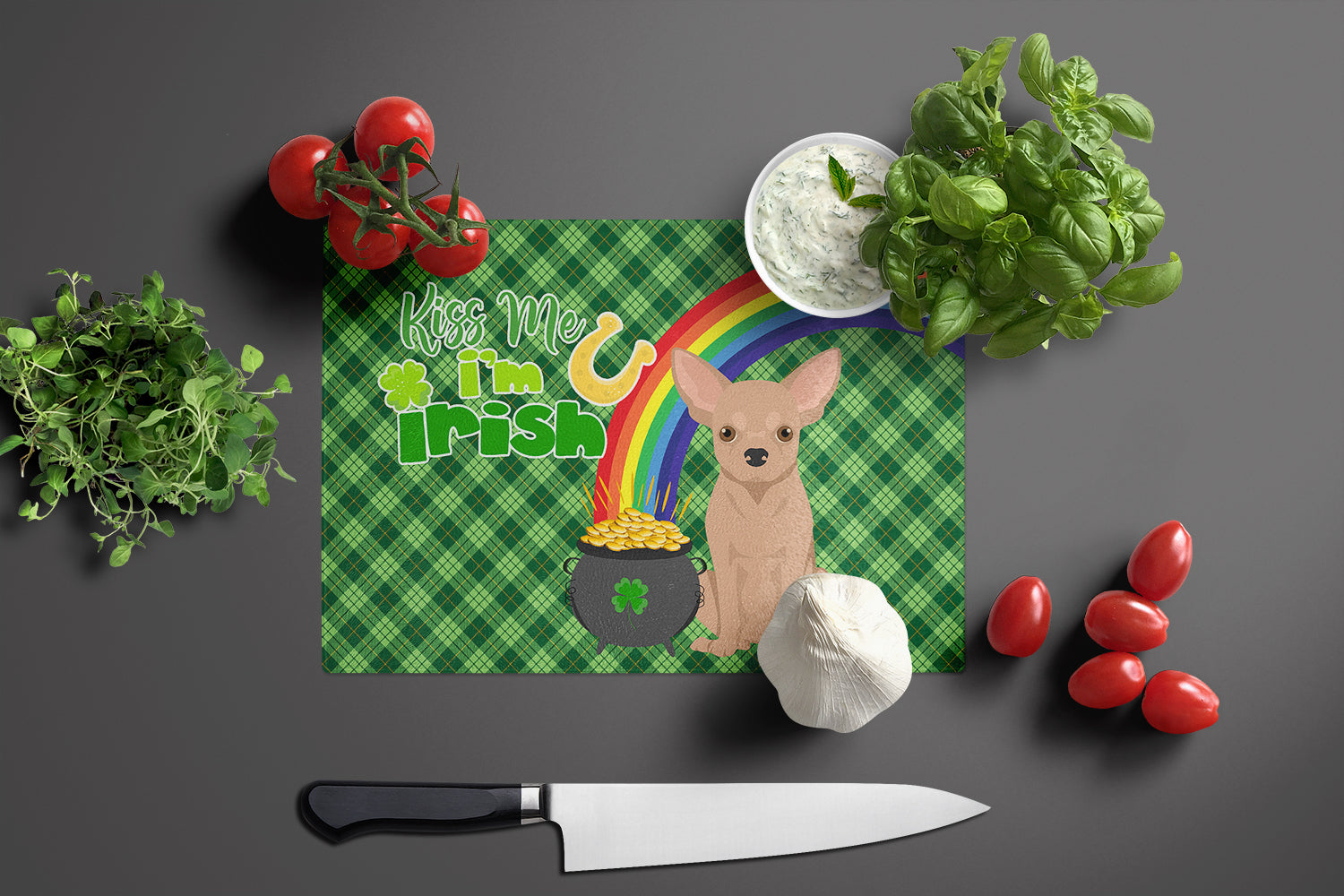 Cream Chihuahua St. Patrick's Day Glass Cutting Board Large - the-store.com