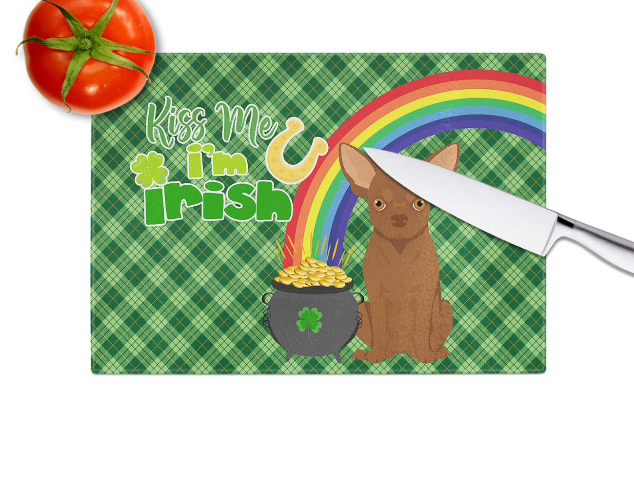 Chocolate Chihuahua St. Patrick's Day Glass Cutting Board Large - the-store.com