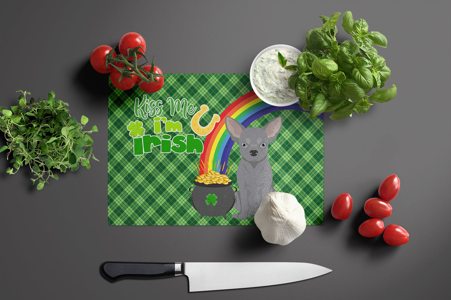 Blue Chihuahua St. Patrick's Day Glass Cutting Board Large - the-store.com