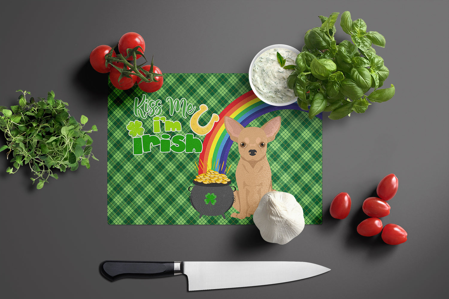 Gold Chihuahua St. Patrick's Day Glass Cutting Board Large - the-store.com