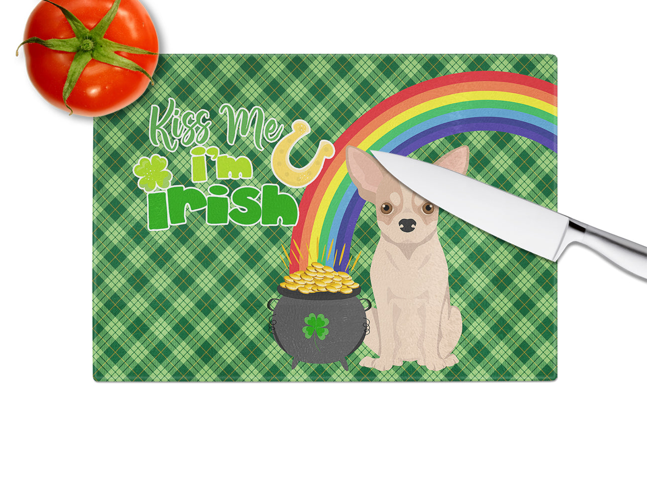 Fawn and White Chihuahua St. Patrick's Day Glass Cutting Board Large - the-store.com