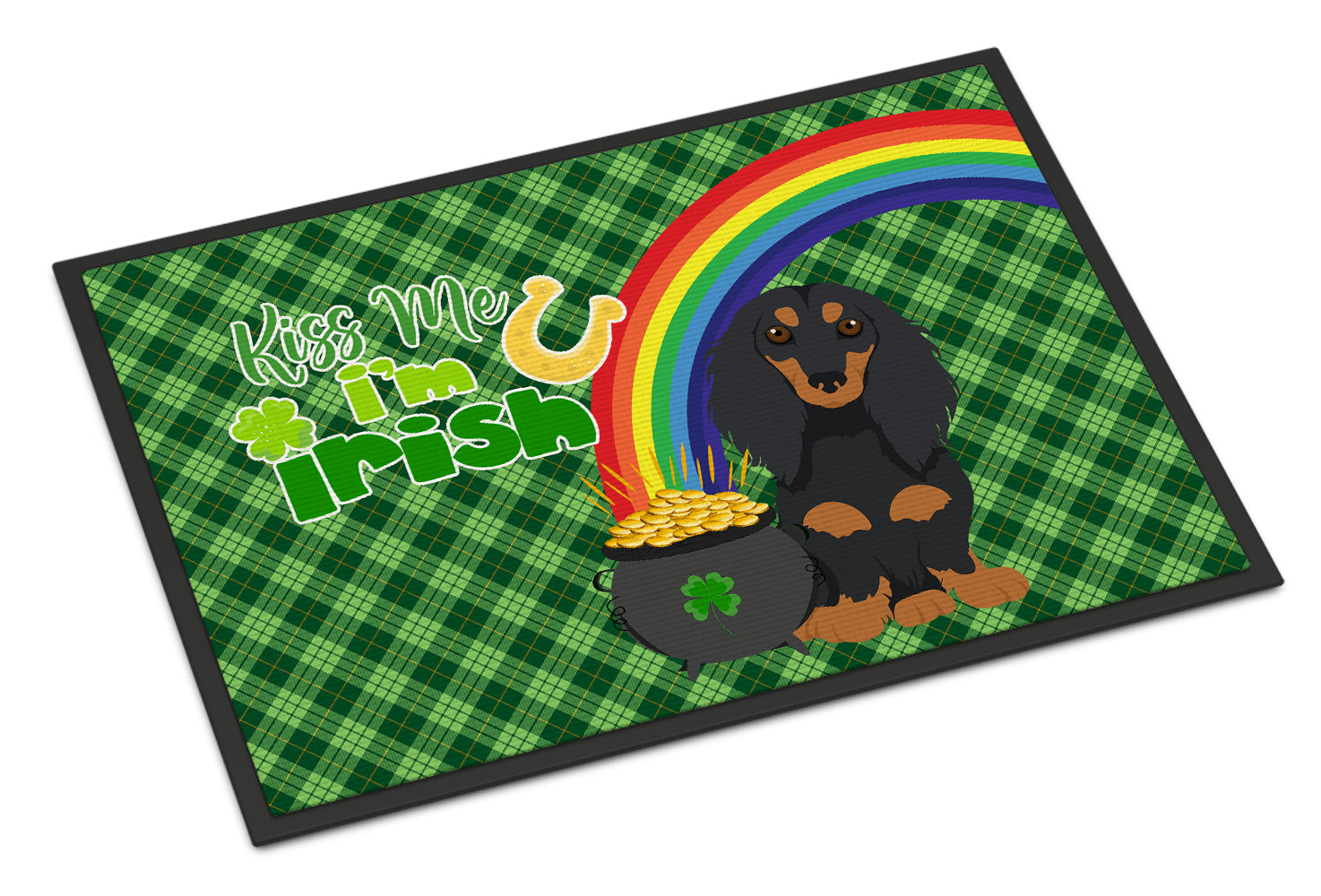 Buy this Longhair Black and Tan Dachshund St. Patrick's Day Indoor or Outdoor Mat 24x36