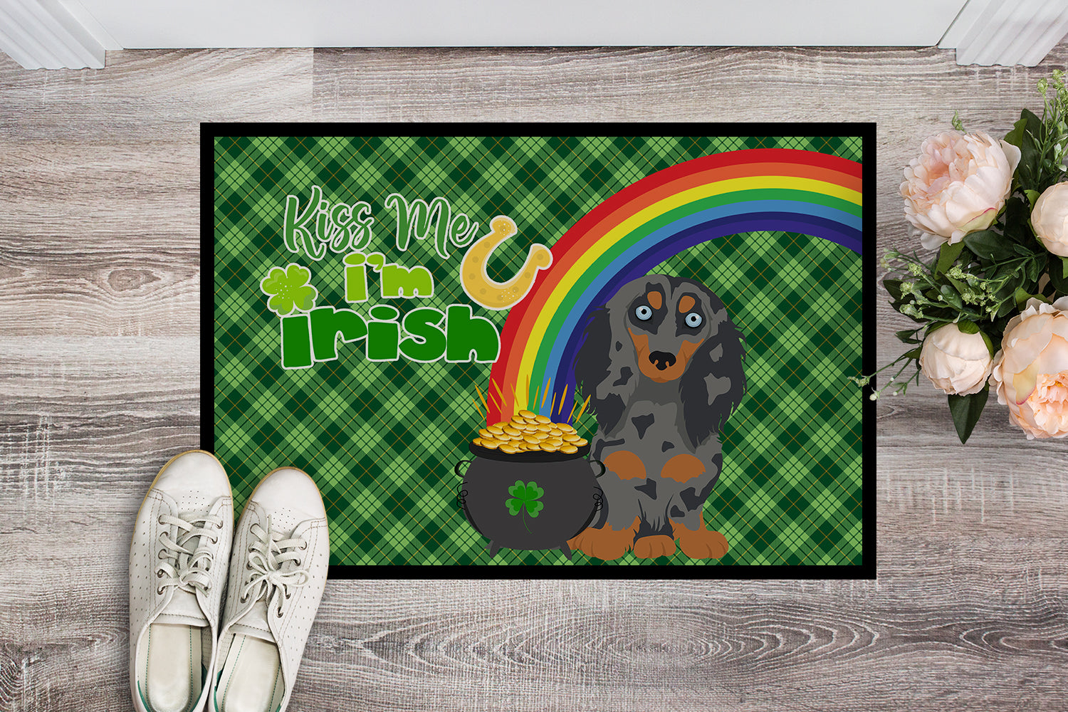 Longhair Blue and Tan Dapple Dachshund St. Patrick's Day Indoor or Outdoor Mat 24x36 - the-store.com