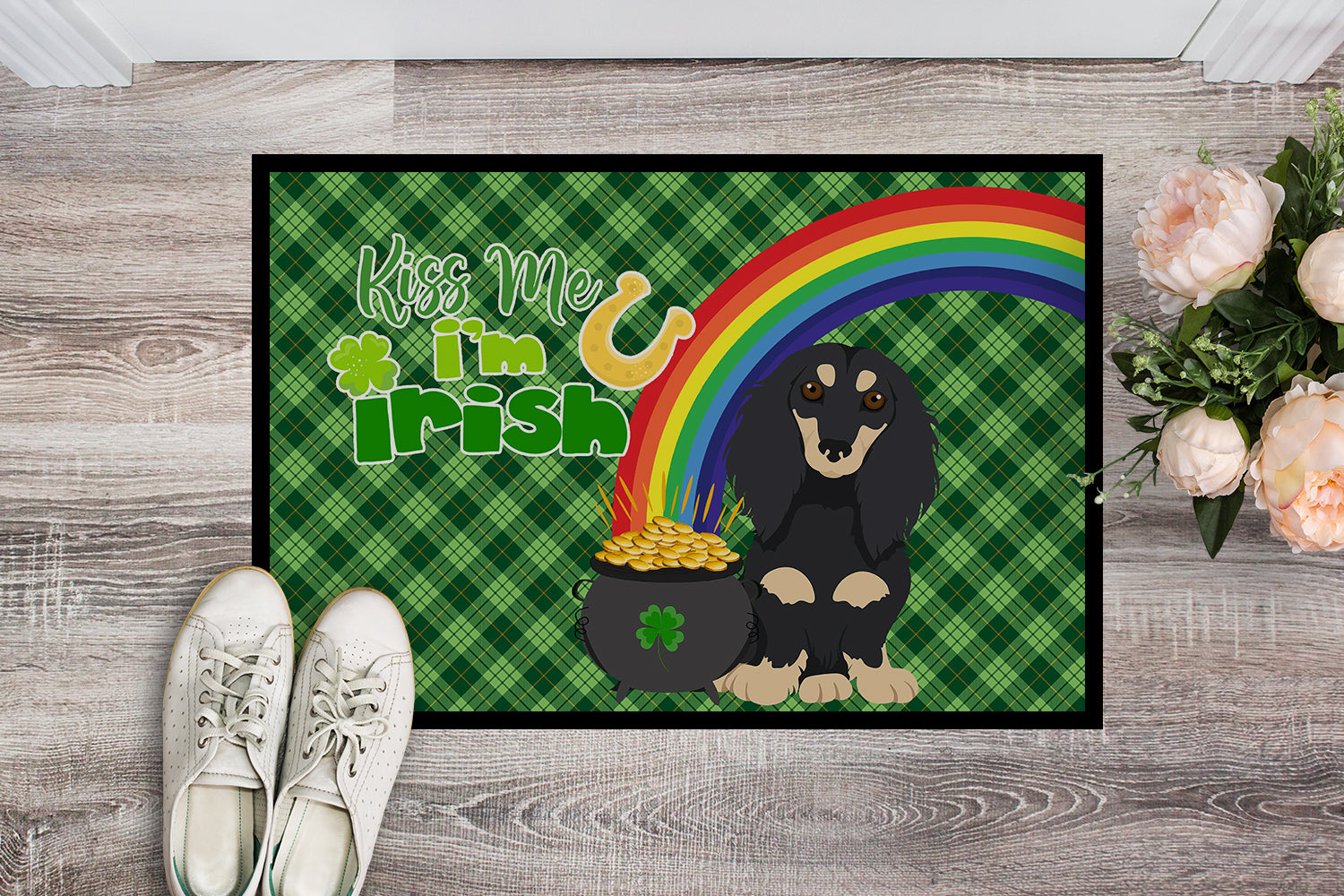 Buy this Longhair Black and Cream Dachshund St. Patrick's Day Indoor or Outdoor Mat 24x36