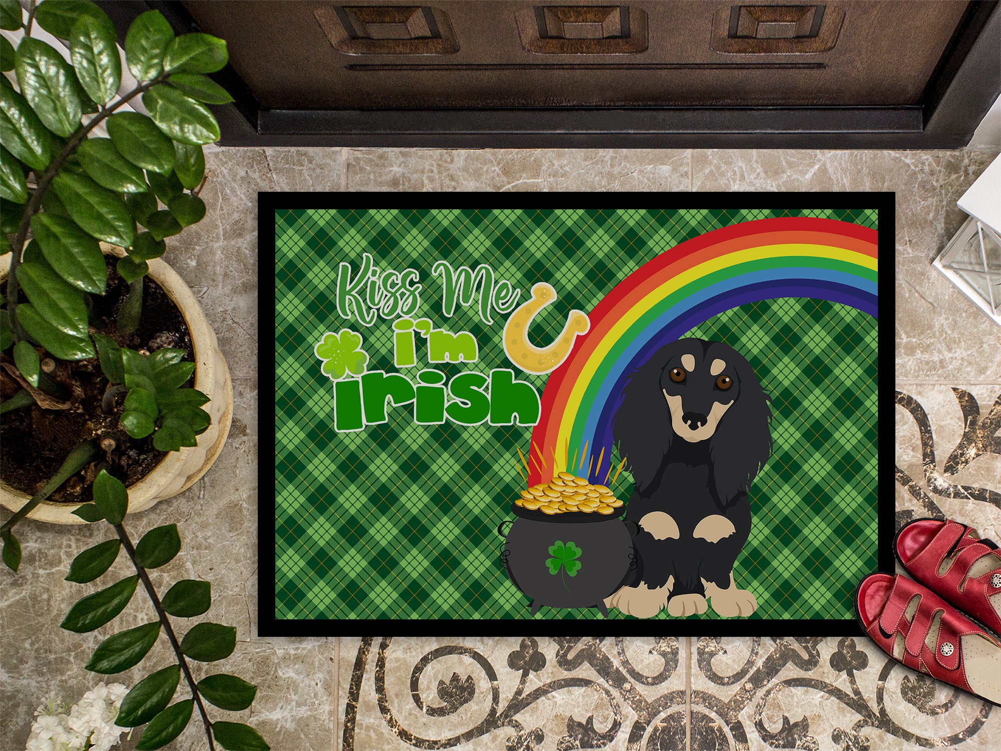 Longhair Black and Cream Dachshund St. Patrick's Day Indoor or Outdoor Mat 24x36 - the-store.com