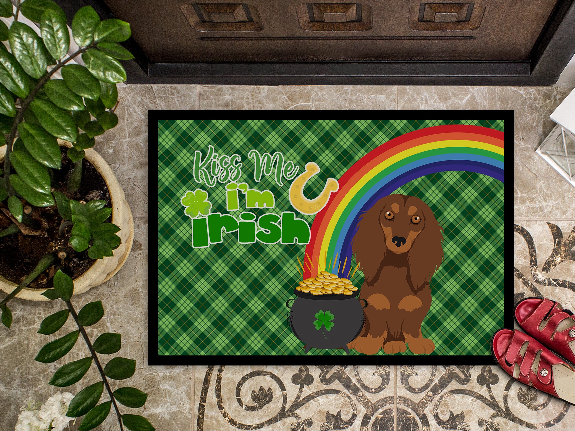 Longhair Chocolate and Tan Dachshund St. Patrick's Day Indoor or Outdoor Mat 24x36 - the-store.com