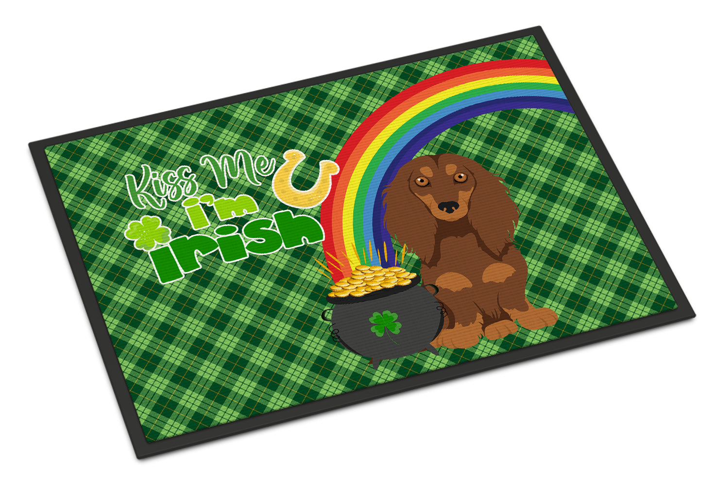 Buy this Longhair Chocolate and Tan Dachshund St. Patrick's Day Indoor or Outdoor Mat 24x36